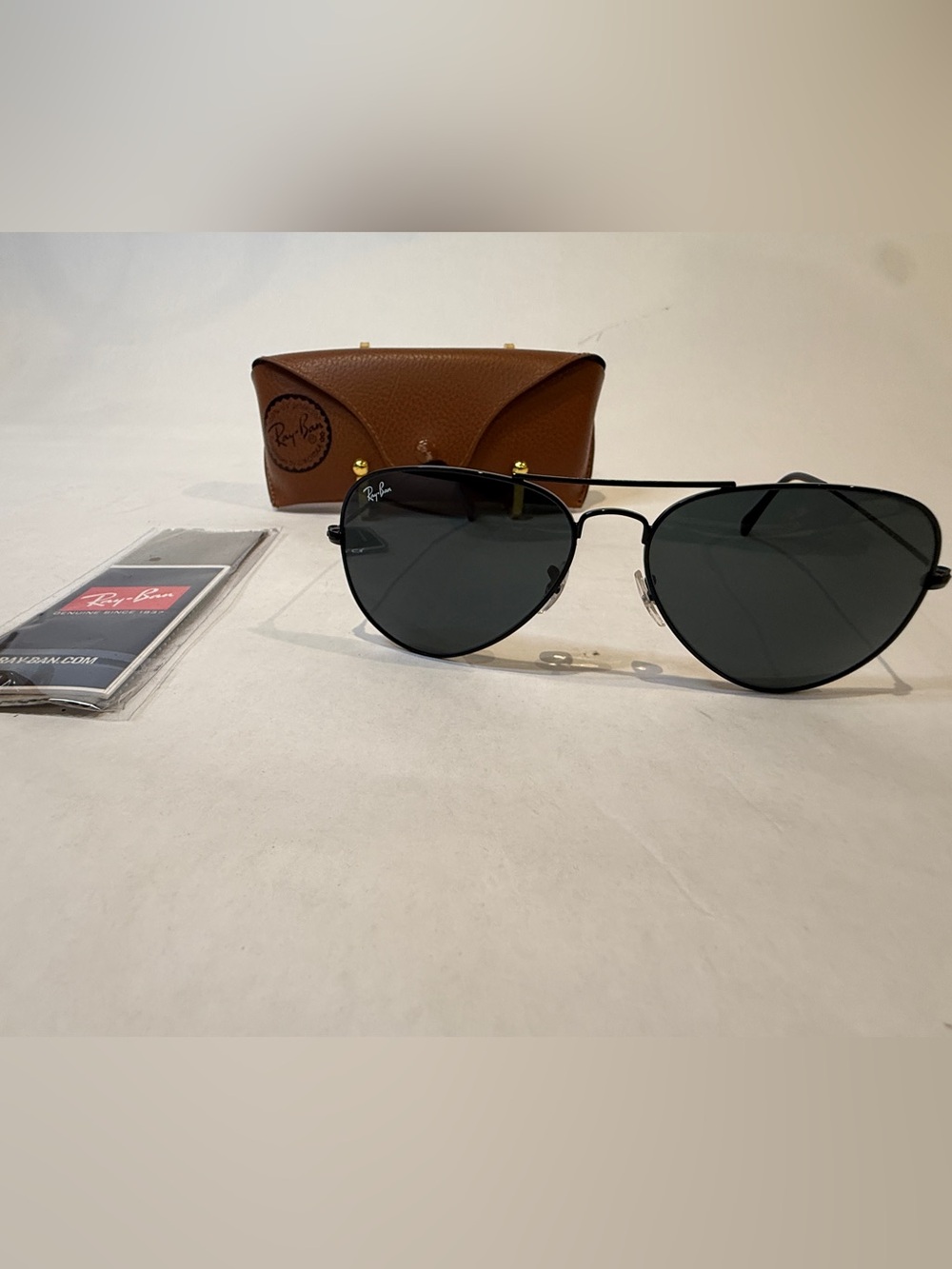 Ray-Ban Black Frame Sunglasses with Dark Green Lenses and Brown Case